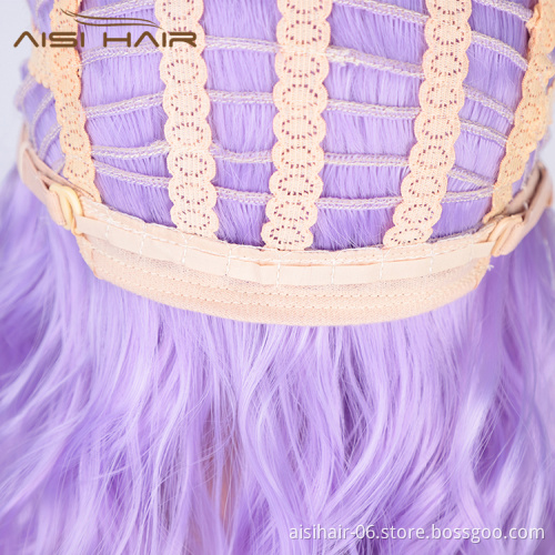Aisi Hair Wholesale Top Quality Purple Short Bob Wig With Neat Bangs Synthetic Cosplay Short Curly Wave Wigs For Black Women